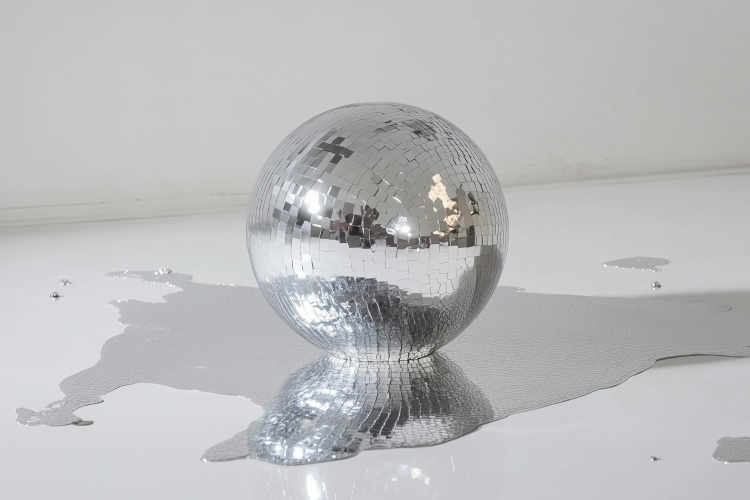 Une boule à facettes argentée qui fond sur un sol blanc